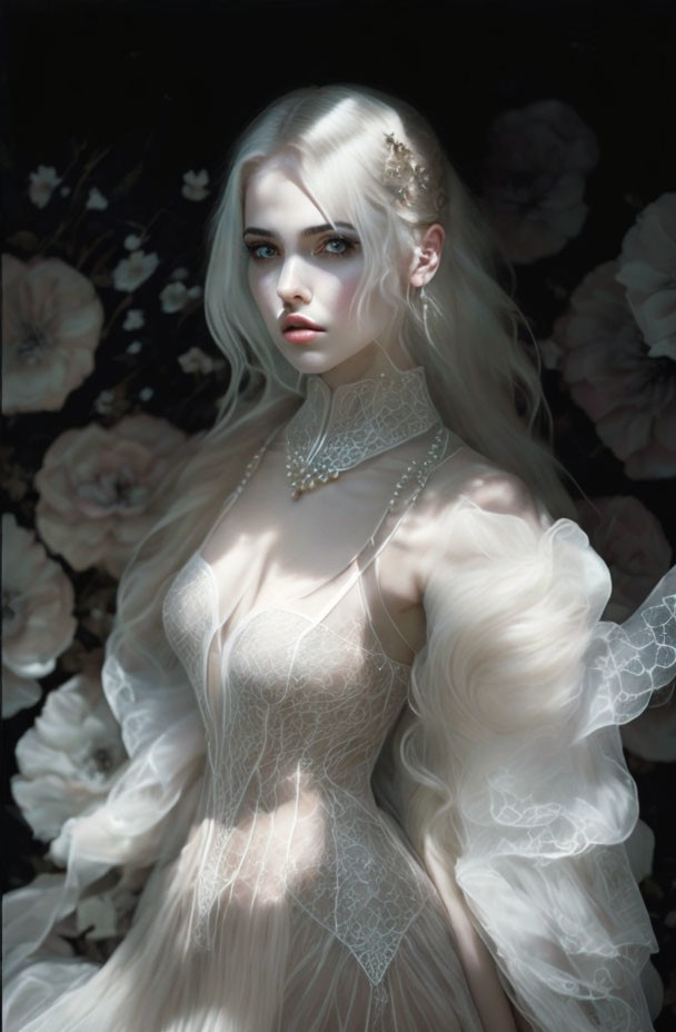 Woman with pallid skin and long white hair in cream dress among dark blooms