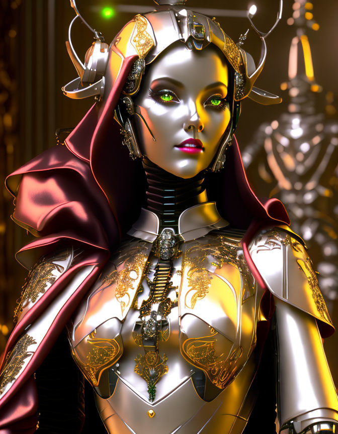 Futuristic woman in gold armor with emerald eyes and crimson cloak