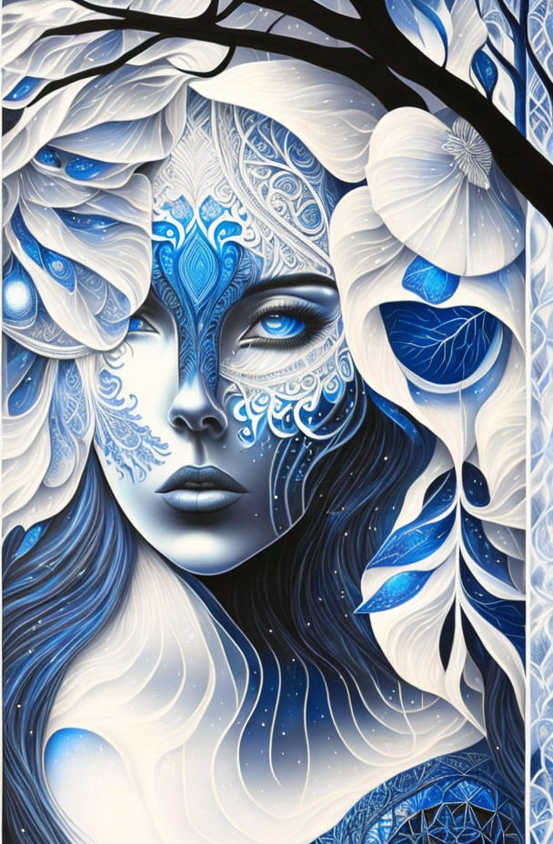 Stylized artwork of mystical woman with blue and white features and intricate patterns surrounded by leaves and flowers