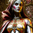 Futuristic woman in gold armor with emerald eyes and crimson cloak