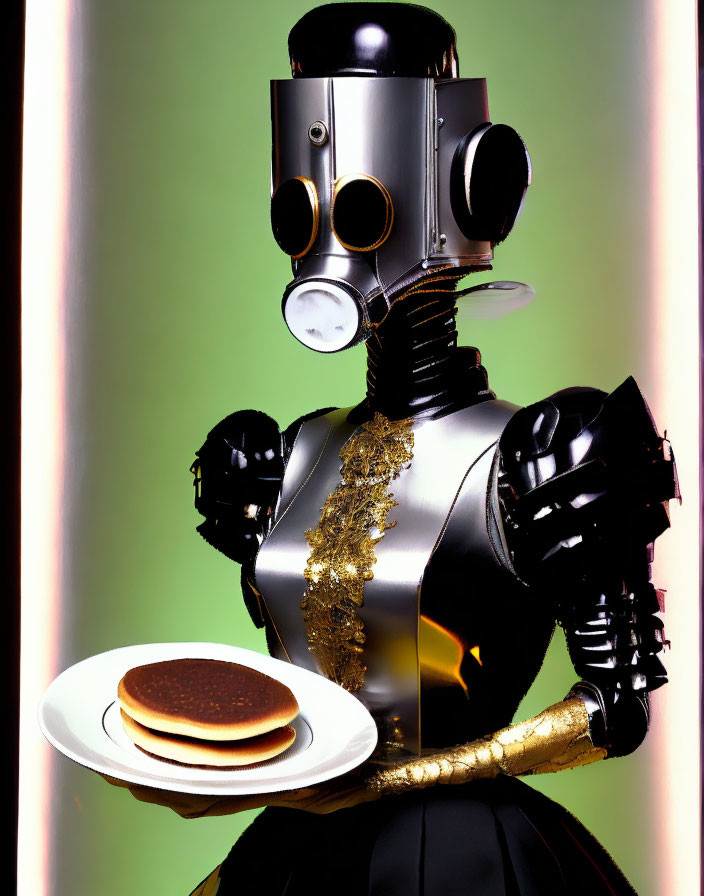 Humanoid Robot Holding Pancakes on Green Gradient Background