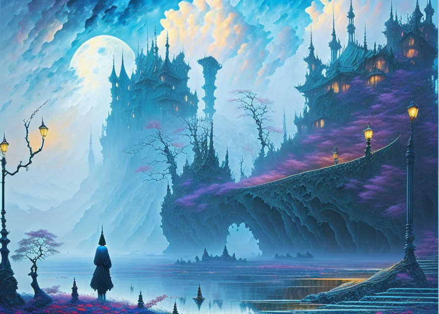 Cloaked figure in purple forest with castle and moon