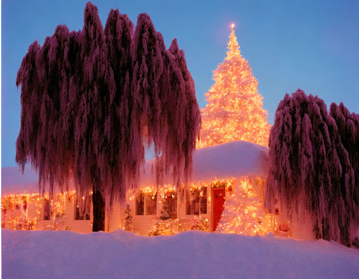 Snowy Dusk Scene: Large Christmas Tree, Weeping Trees, Holiday Home