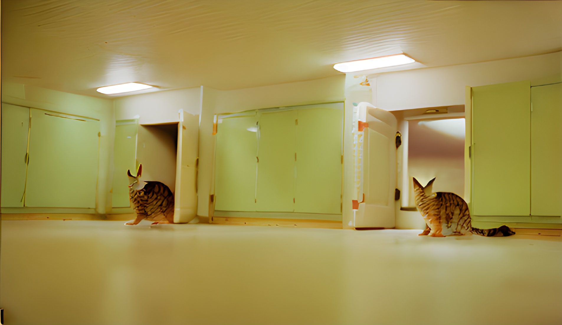 Two Cats in Warmly Lit Room with Green Cabinets and White Floor