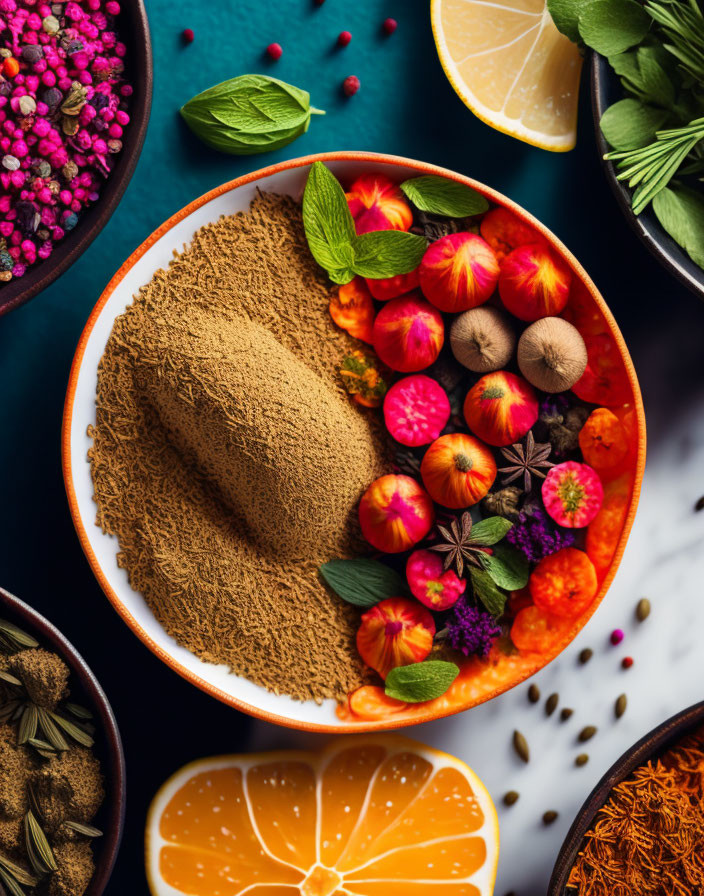 Colorful Spice and Herb Display with Citrus Fruits and Peppercorns