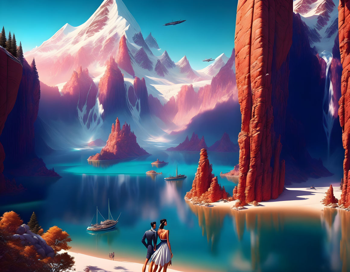 Couple by serene lake with red cliffs, snowy mountains, and futuristic ships.