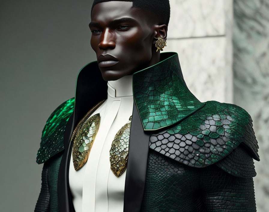 Stylized high-fashion look with black and green reptile-skin outfit