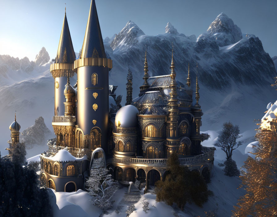 Snow-covered mountains backdrop castle with spires in twilight sky