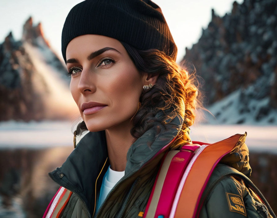 Woman in Beanie and Earrings with Jacket and Backpack Outdoors with Snowy Mountains