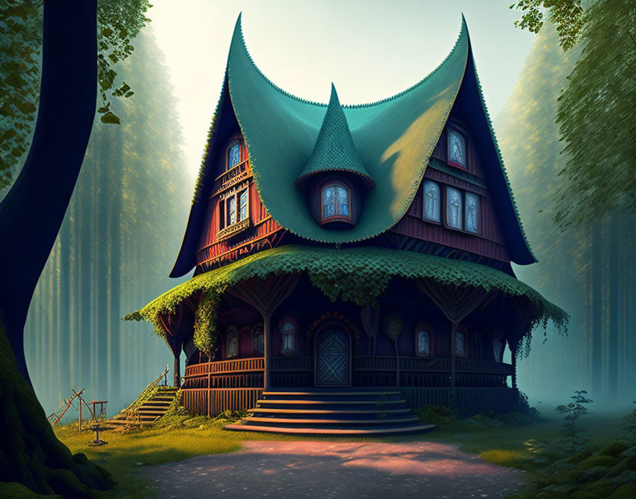 Whimsical multi-story wooden house in mystical forest