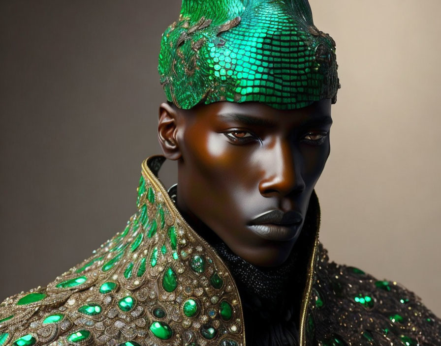 Portrait of person with glossy black skin in green headpiece and peacock feather shoulder piece