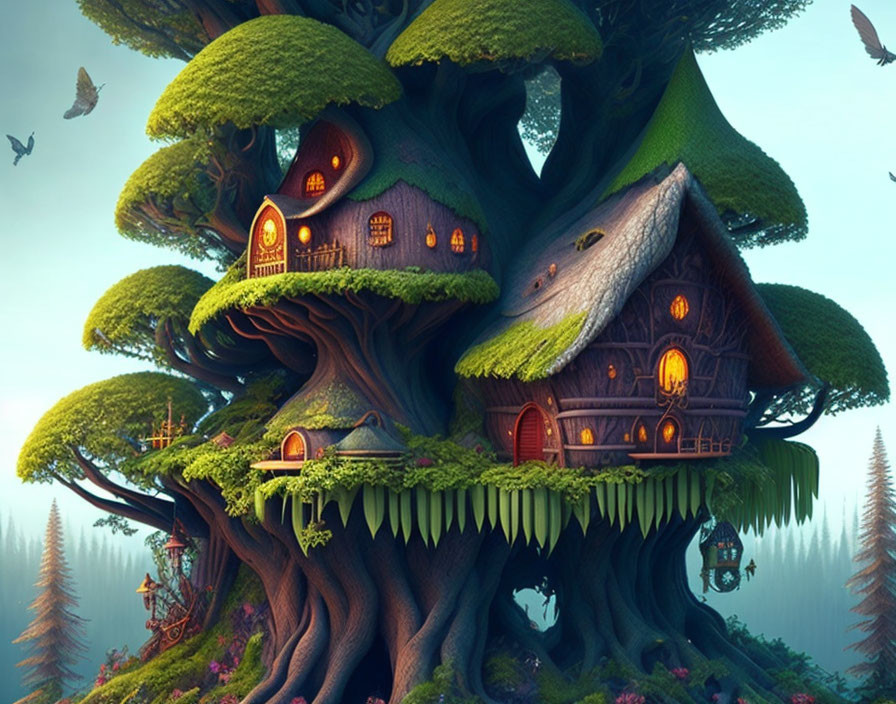 Illustration of large tree with cottage house in trunk, surrounded by forest and birds