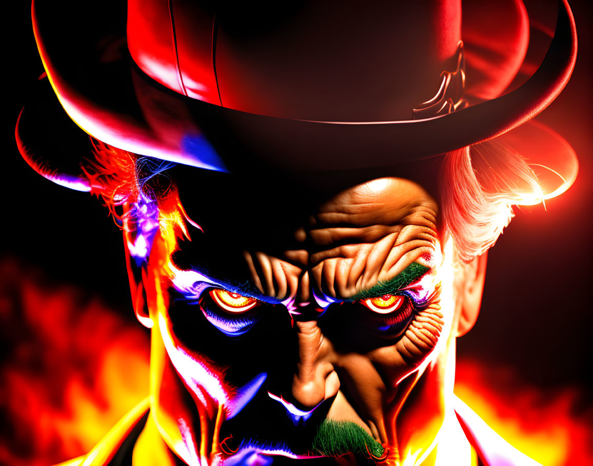 Man with fiery aura and red hat in intense illustration.