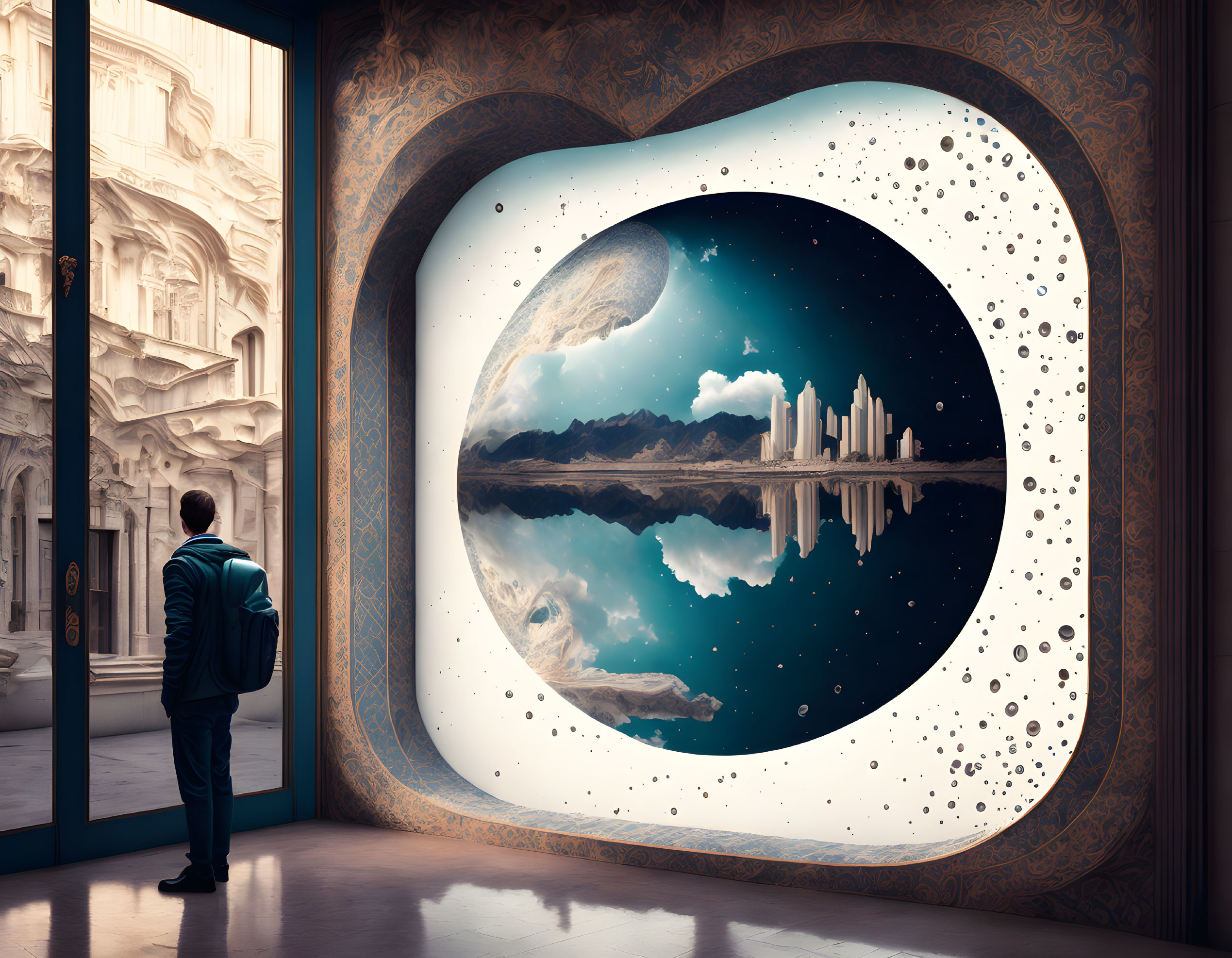 Person gazes at surreal cityscape with celestial body through ornate window