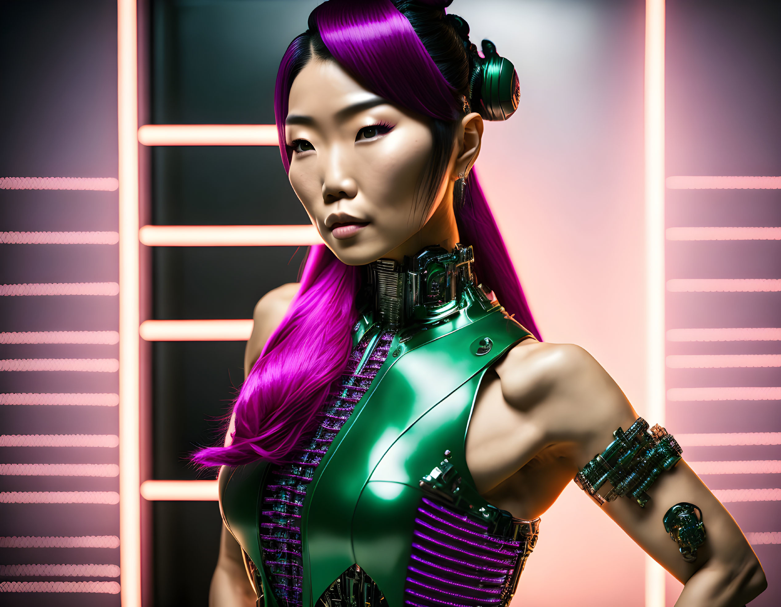 Violet-haired woman in cyberpunk attire on neon background