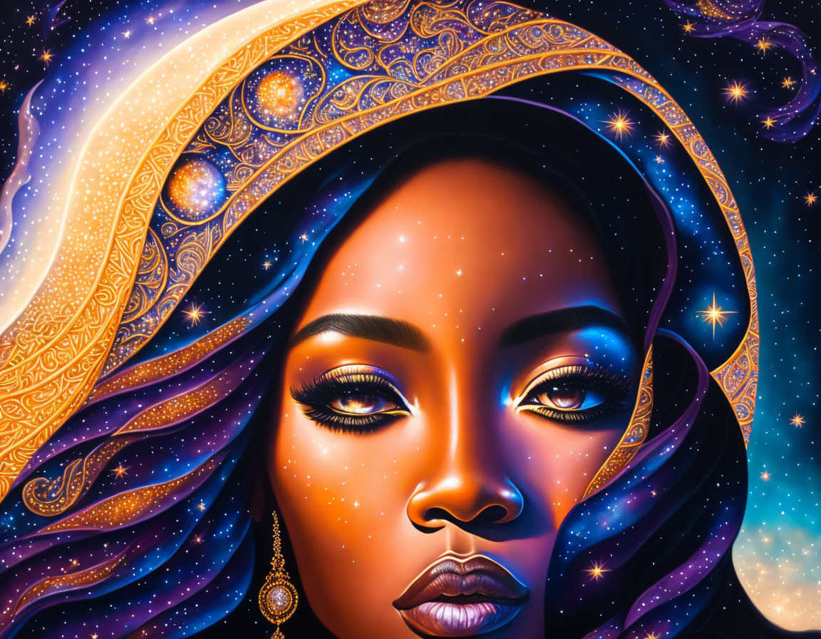 Colorful cosmic-themed portrait of a woman with stars and planets in her hair.