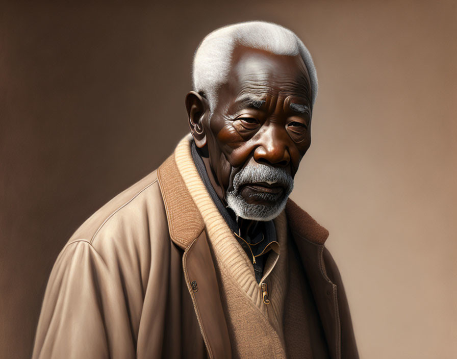 Elderly man portrait with white hair and beard in coat and sweater