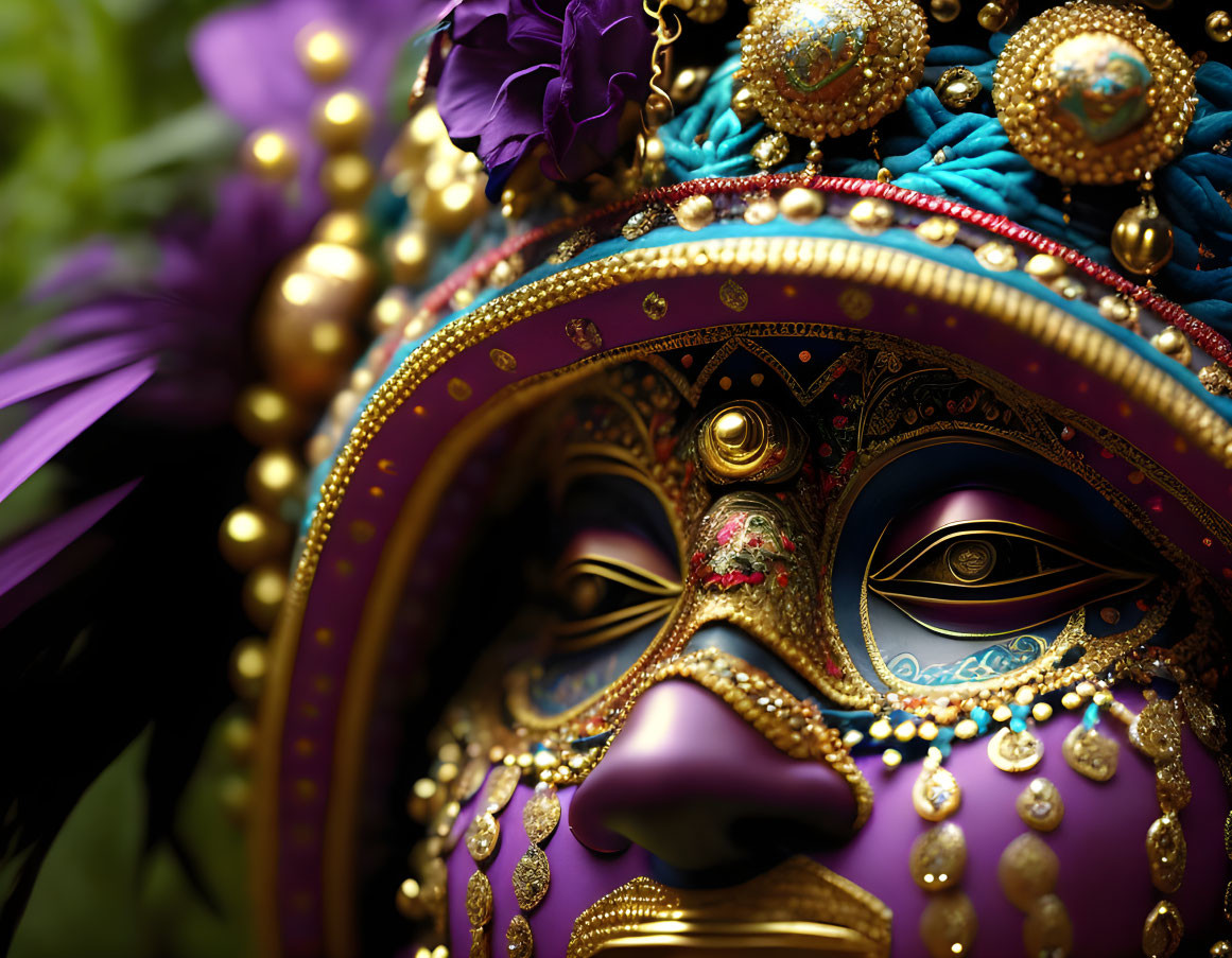 Ornate purple Venetian mask with gold detailing and gemstones