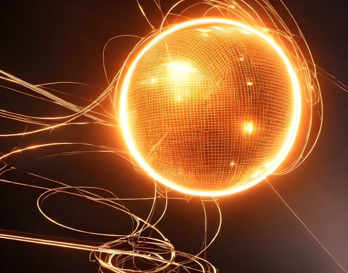 Glowing orb in mesh structure with dynamic light trails on dark background