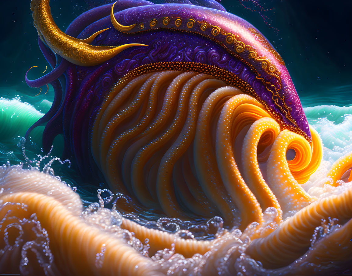 Colorful Stylized Illustration of Giant Ocean Tentacled Creature