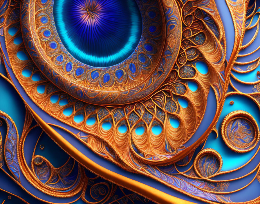 Intricate Blue and Copper Fractal Art with Spiral and Paisley Patterns