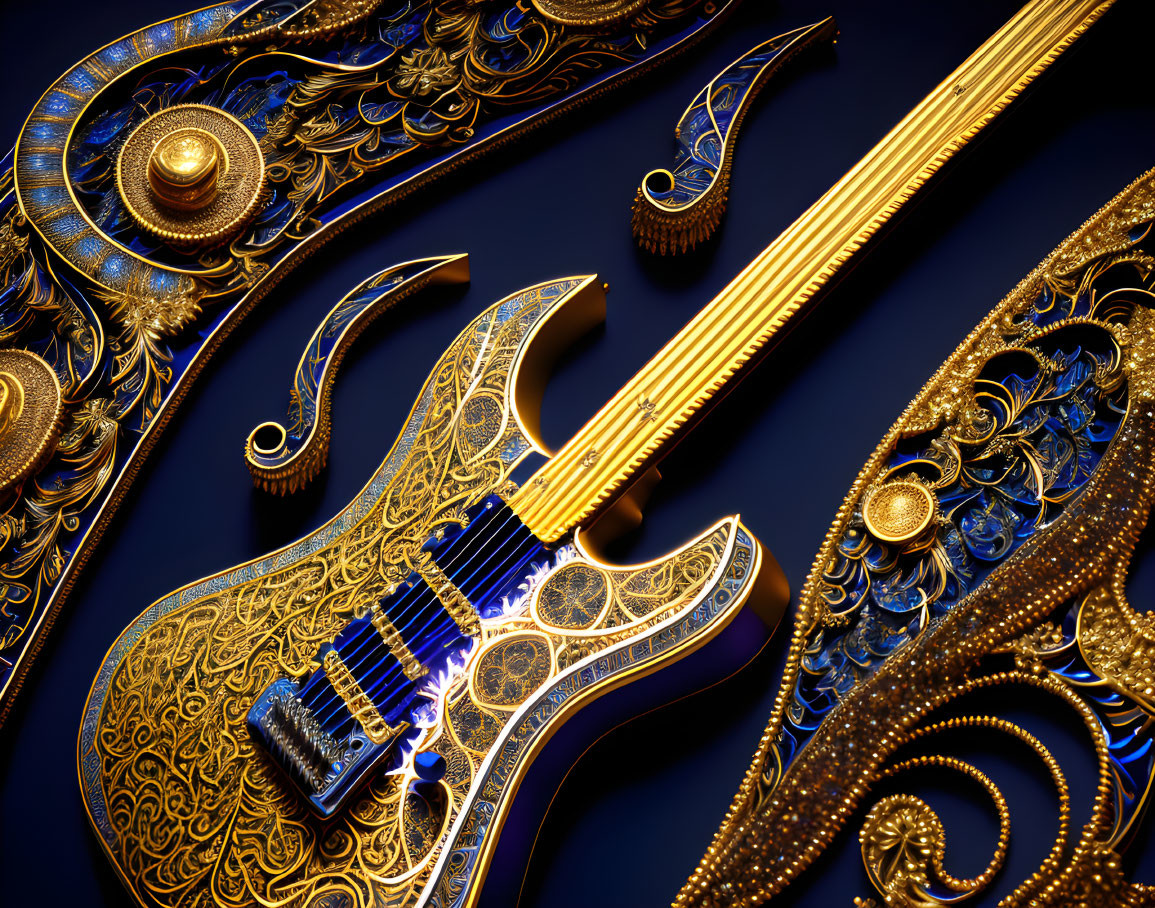 Elaborate Golden Guitar on Dark Blue Background