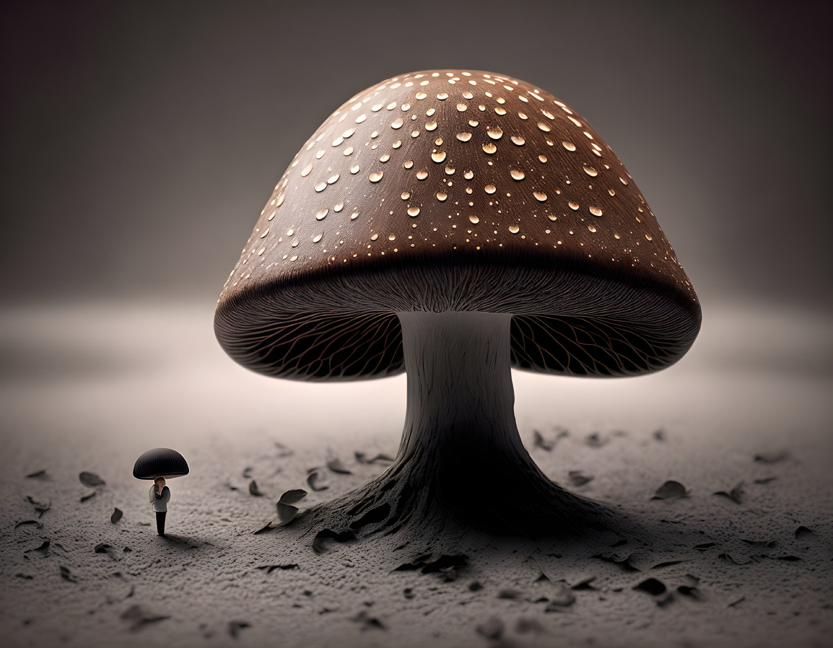 Surreal image: tiny person under mushroom umbrella with giant mushroom and water droplets