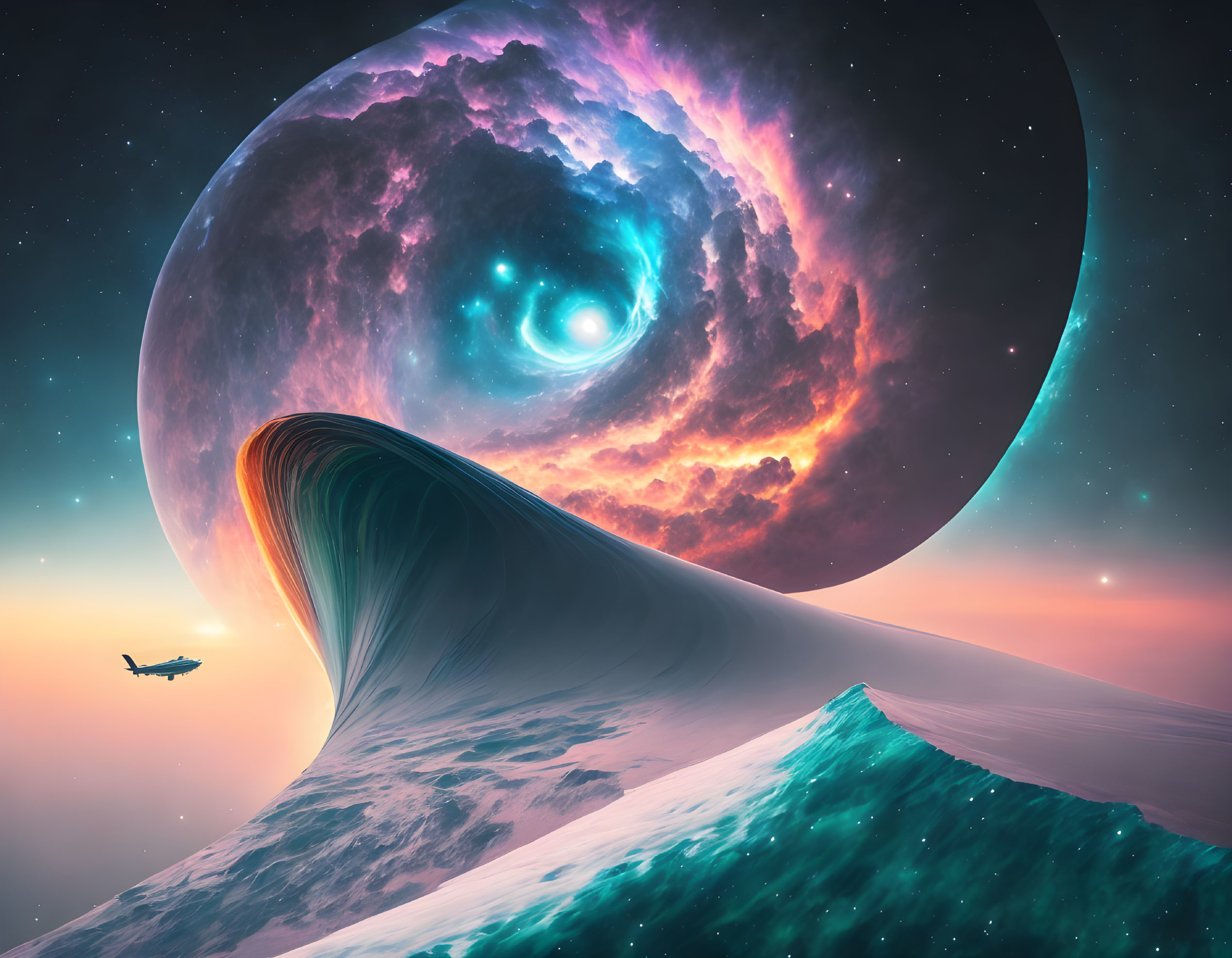 Massive wave under swirling galaxy sky with airplane and pastel colors