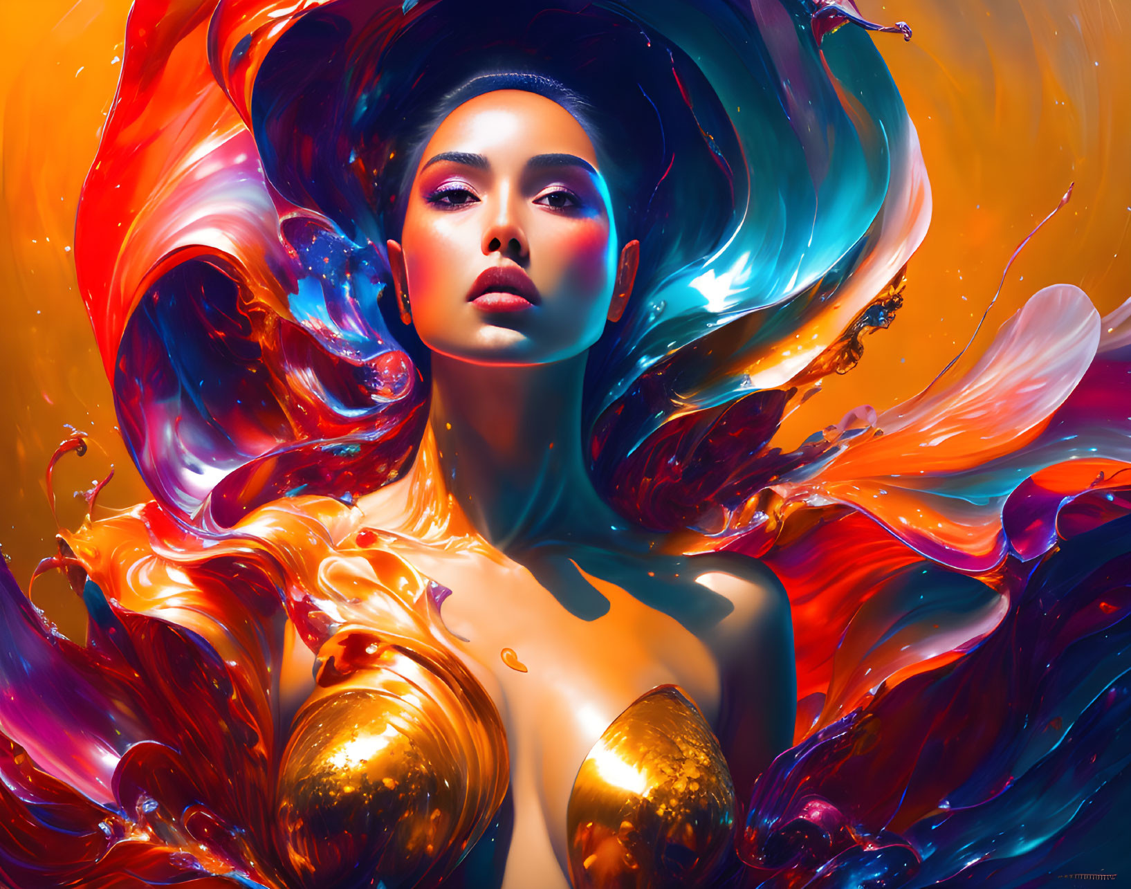 Colorful digital artwork: Woman surrounded by swirling orange, blue, and red hues