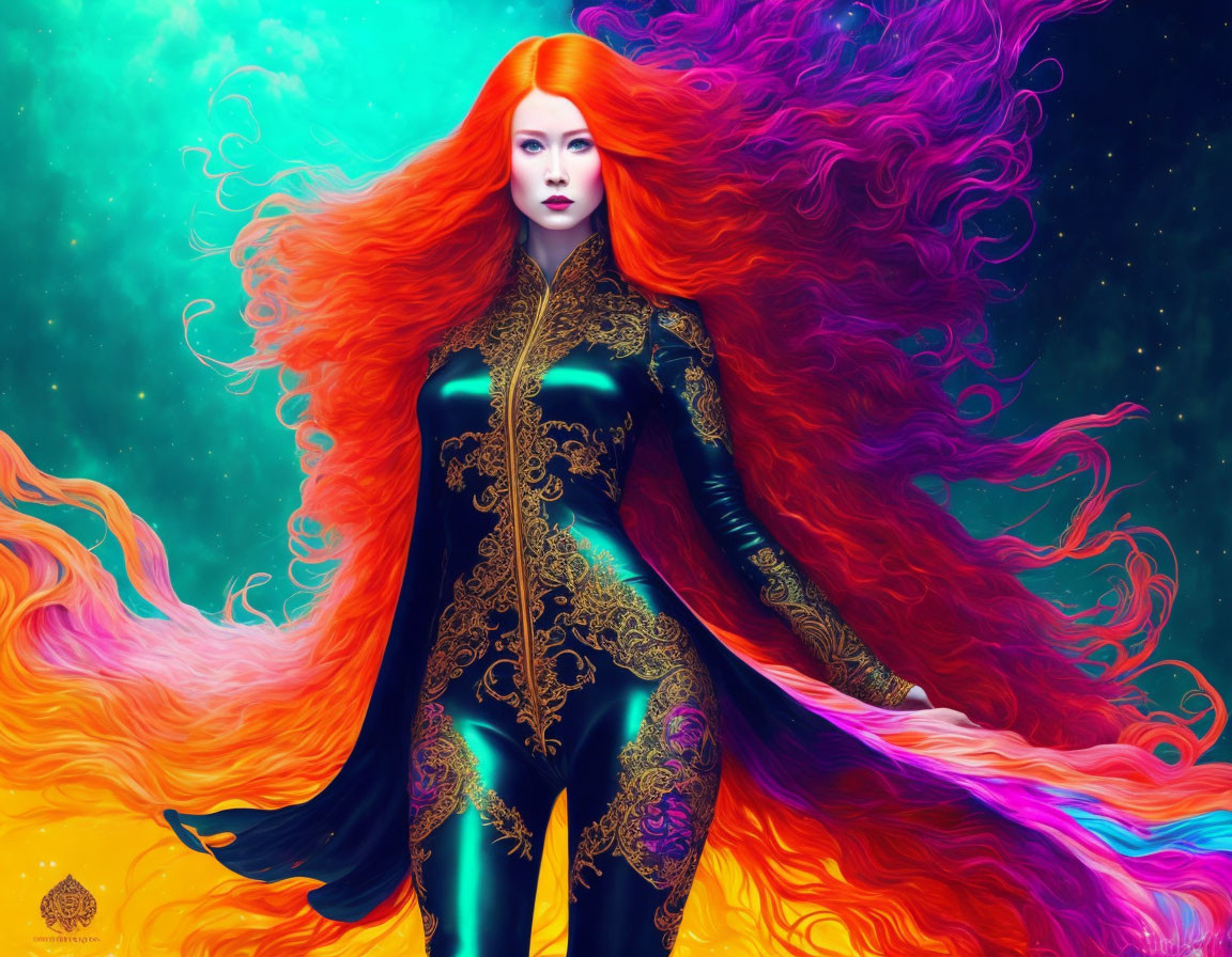 Digital artwork: Woman with fiery red hair in cosmic teal and purple backdrop wearing black bodysuit