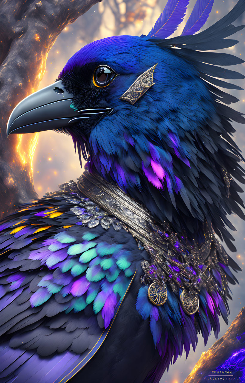 Fantasy-themed raven with blue feathers and silver jewelry in fiery forest.