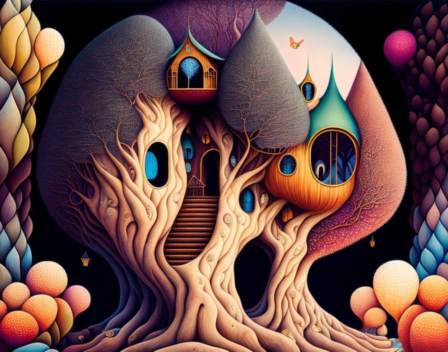 Whimsical treehouse with spiral stairs and glowing orbs in magical forest