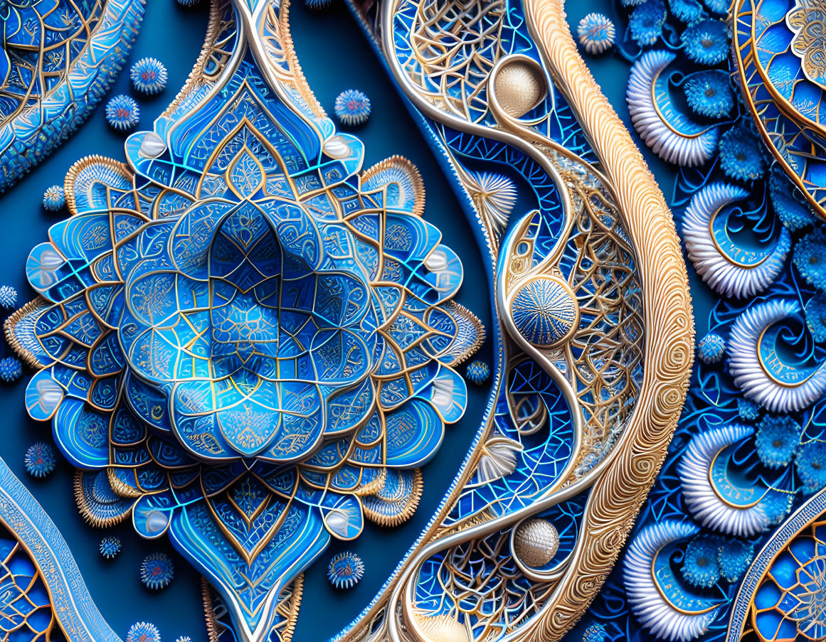 Symmetrical blue and bronze fractal mandala design on dark background