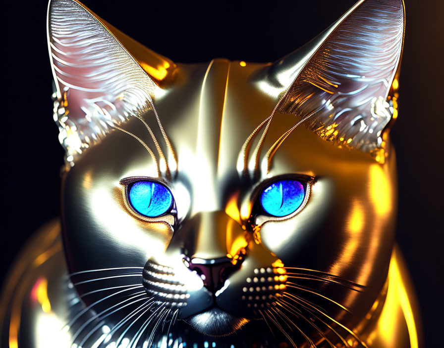 Metallic golden cat with blue eyes in dramatic golden light