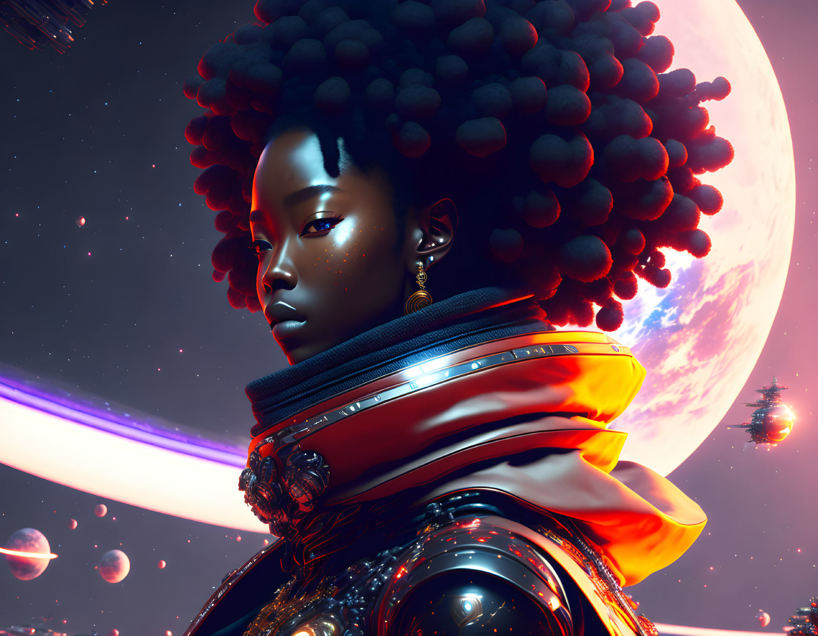 Futuristic art: African woman with large afro in space landscape