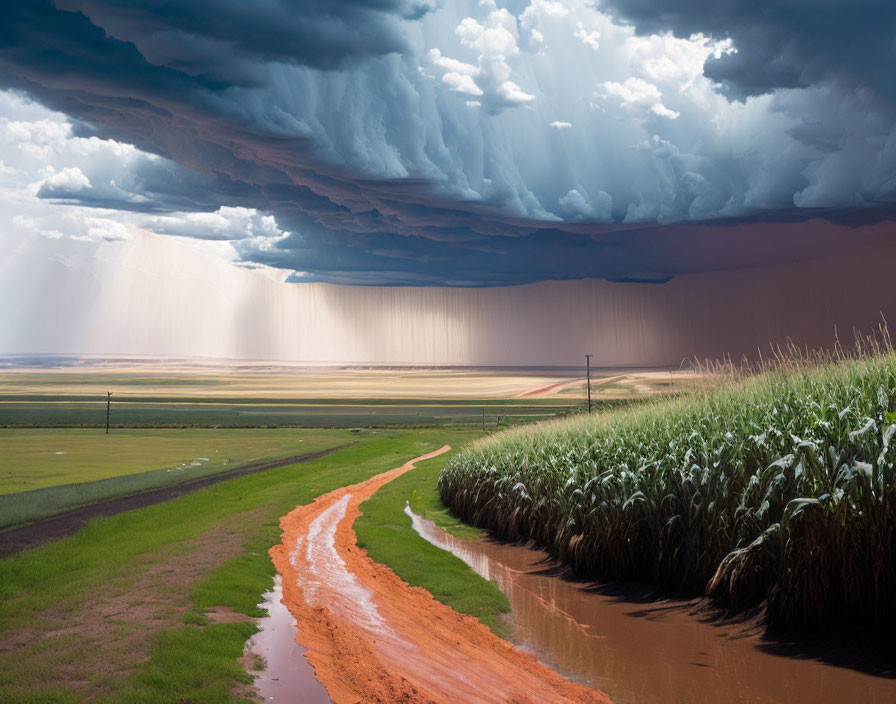 Dramatic landscape with dirt road, cornfield, and distant rainstorm