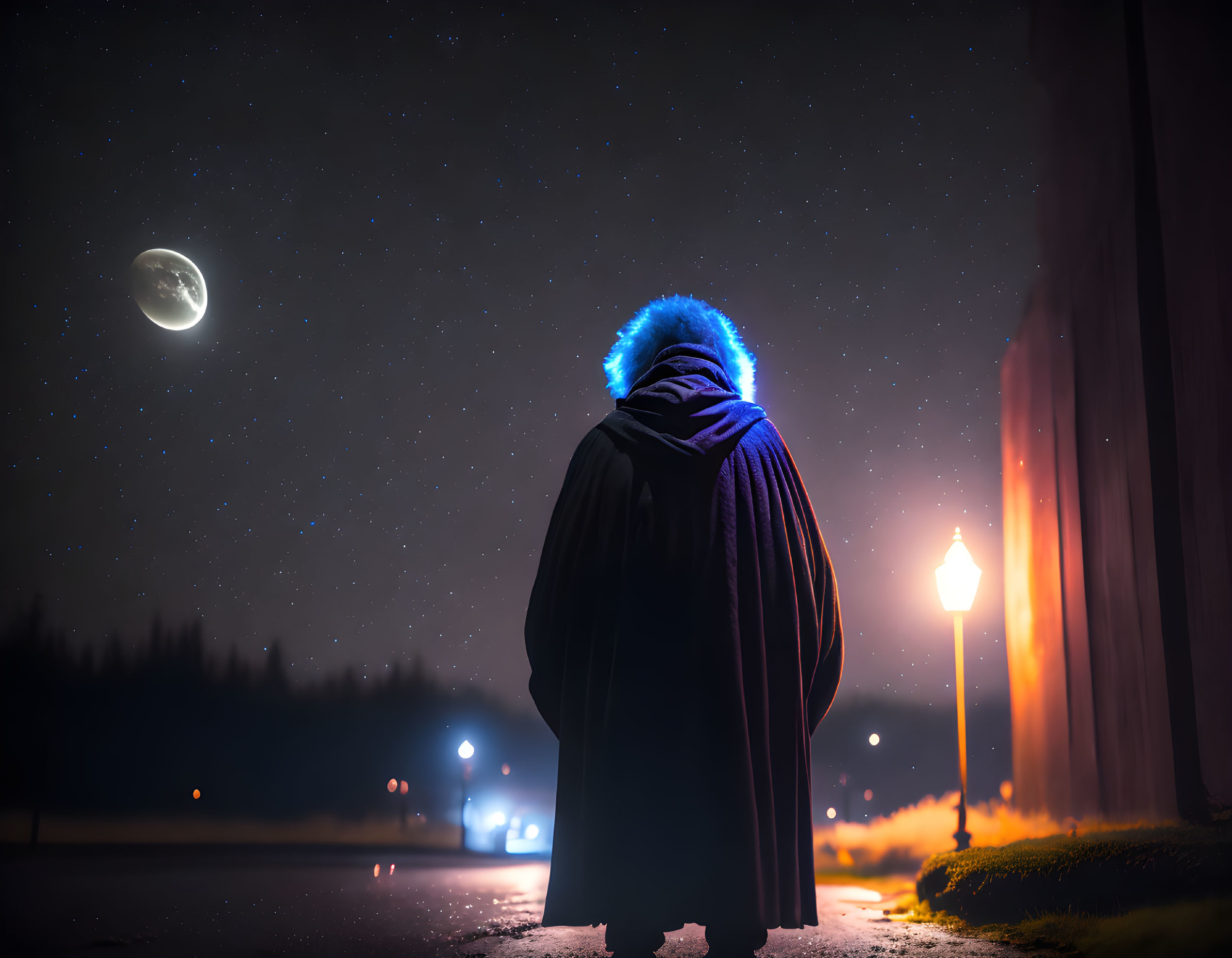 Figure in cloak under starry sky with crescent moon and streetlamp