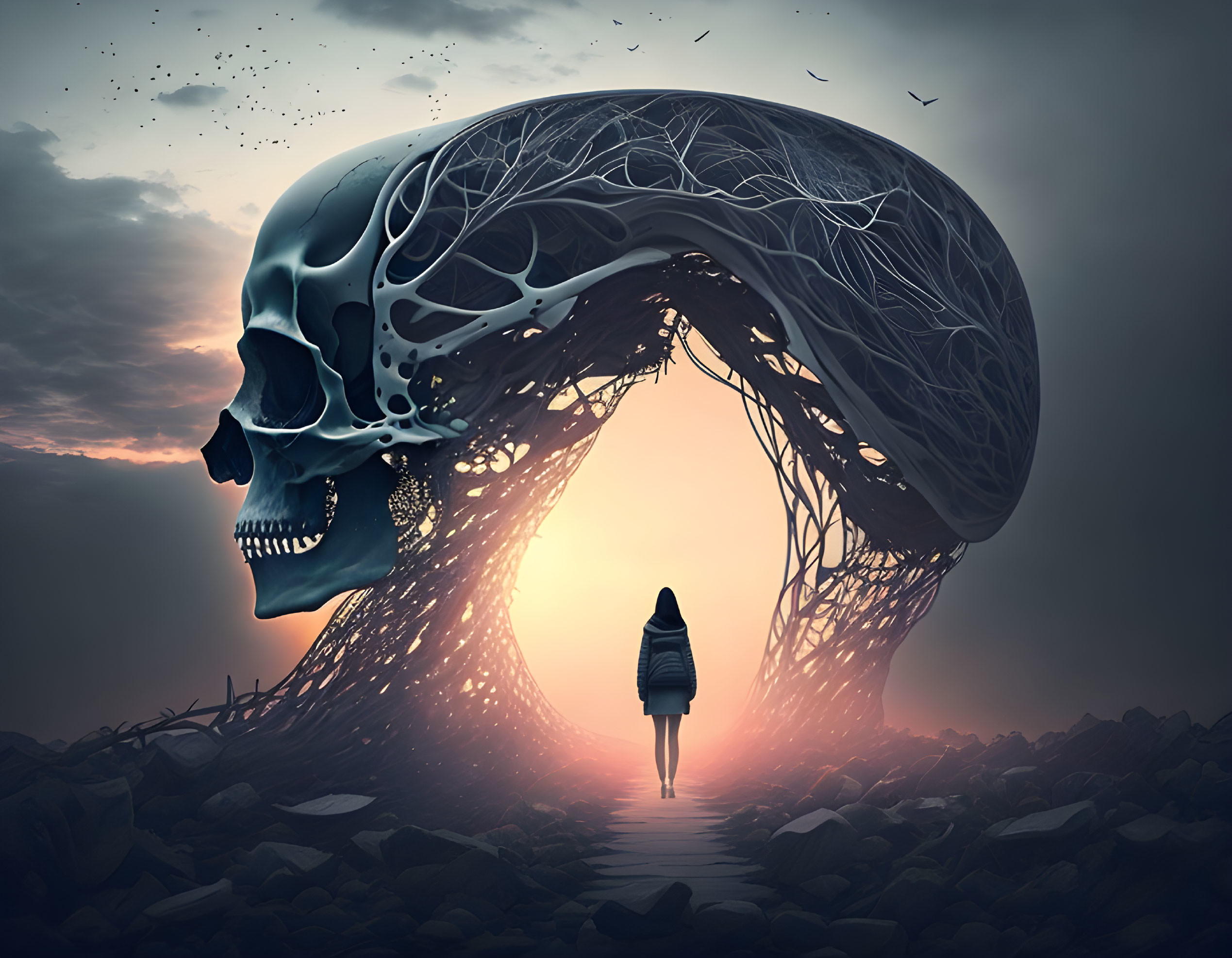 Person walking under skull-shaped archway in surreal landscape with birds flying overhead