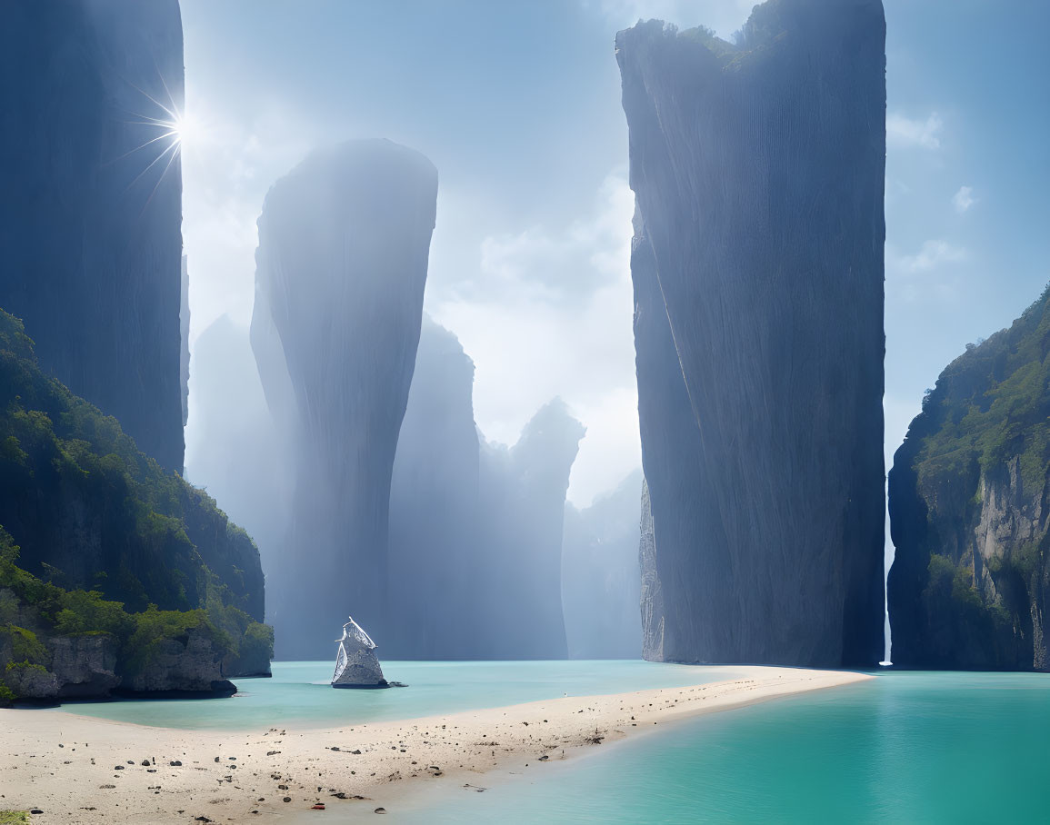 Seaside scene: cliffs, sunburst, sailboat, rock formation