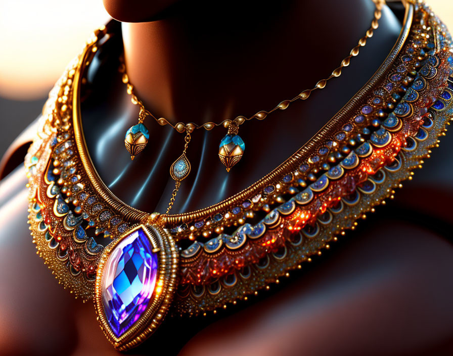 Detailed Ornate Golden Necklace with Multicolored Gemstones