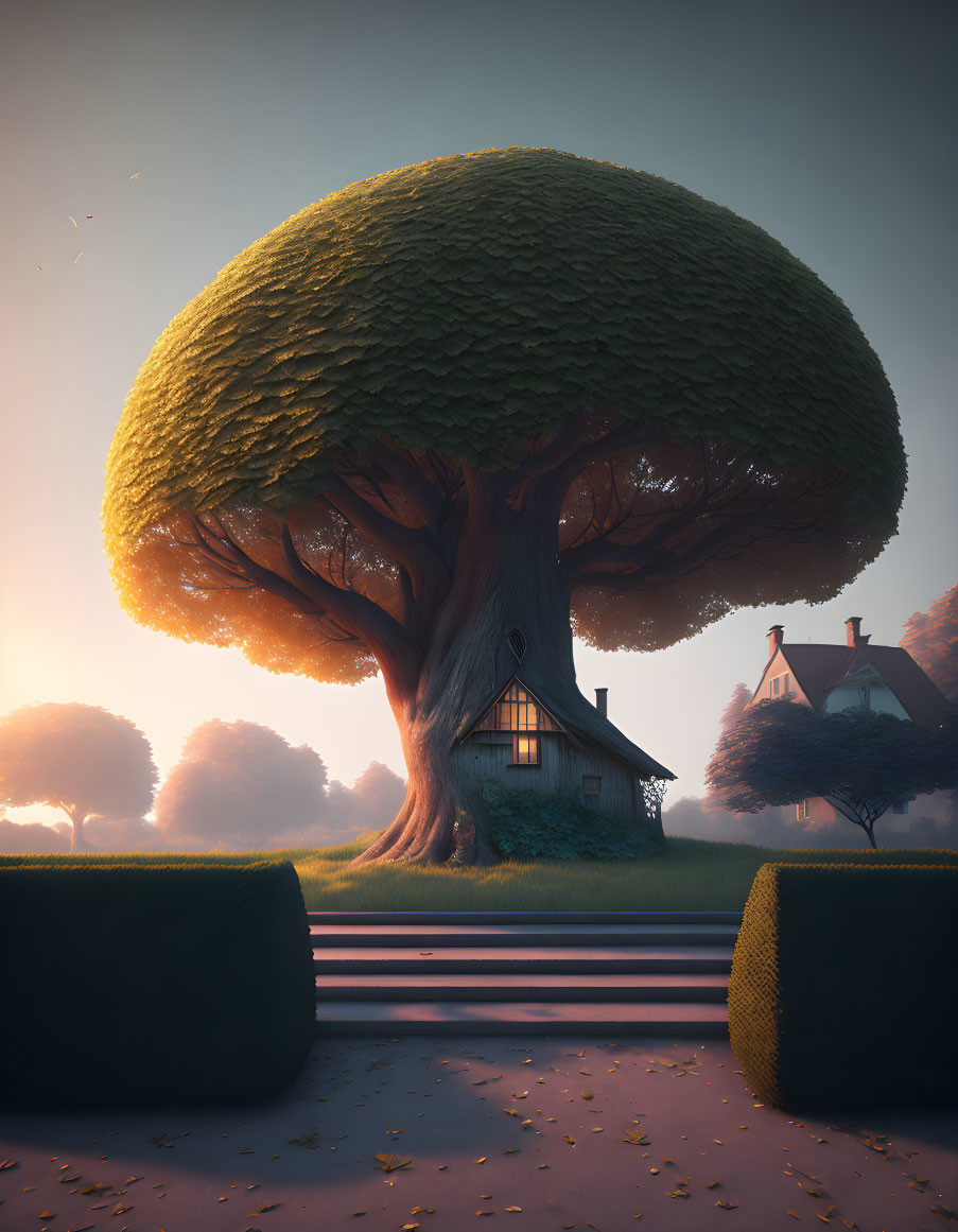 Illustration of large tree with house, bushes, and sunset.