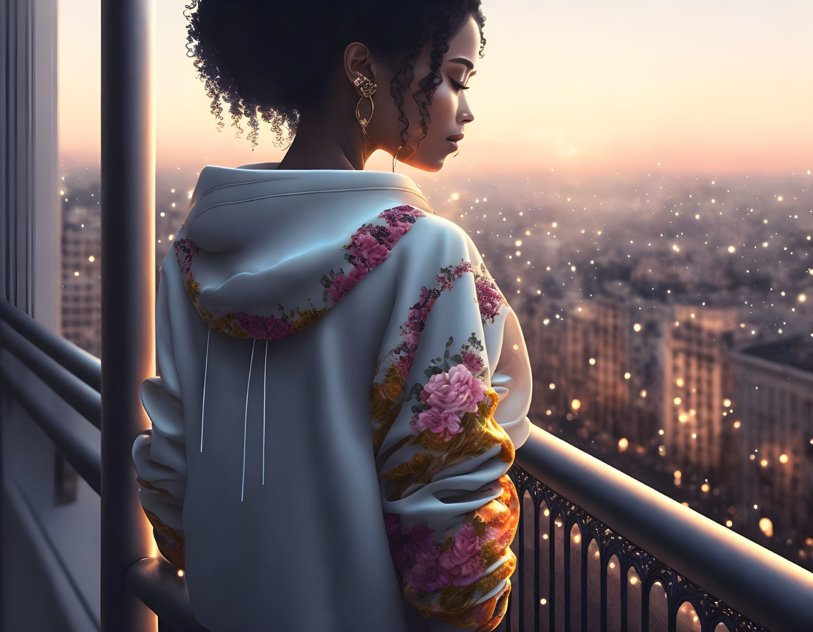 Woman in floral kimono on balcony overlooking cityscape at dusk