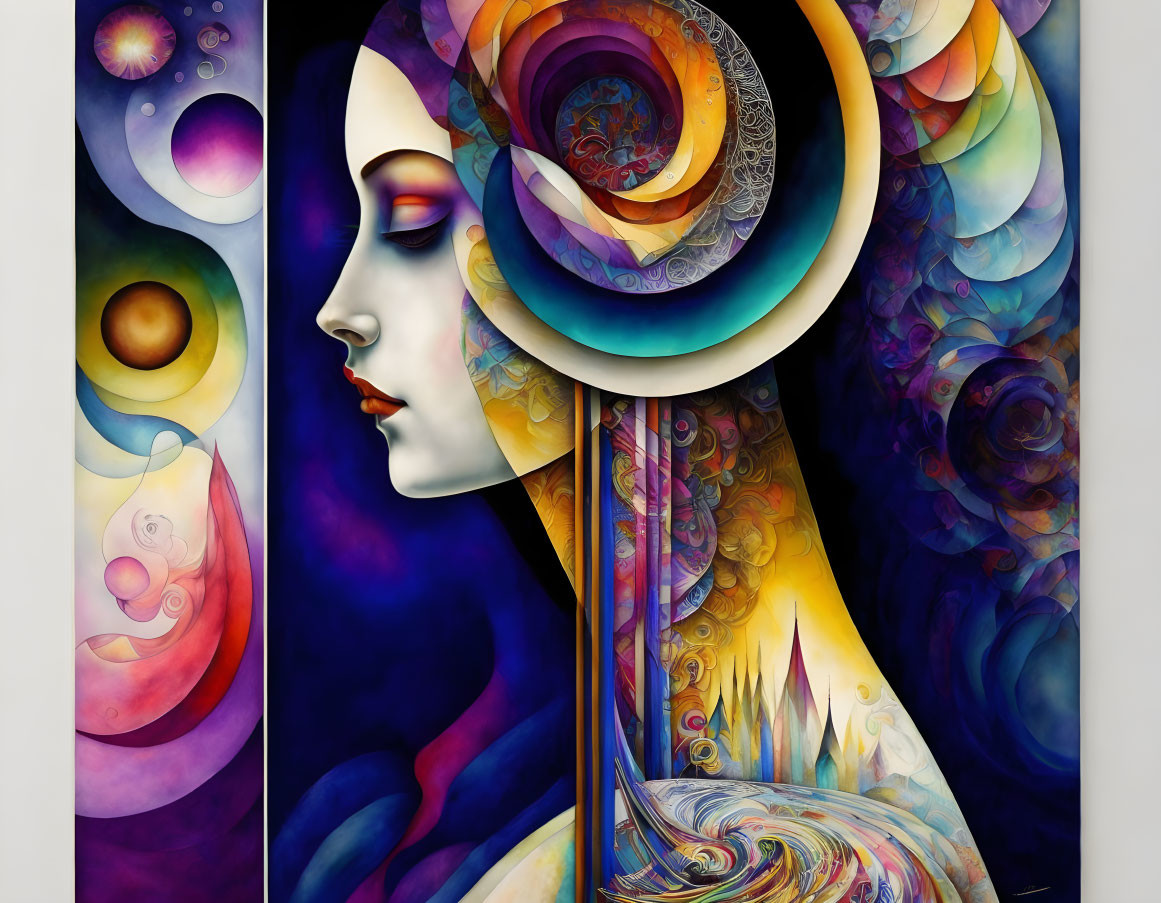 Colorful surrealistic painting: Woman's profile with swirls and celestial bodies