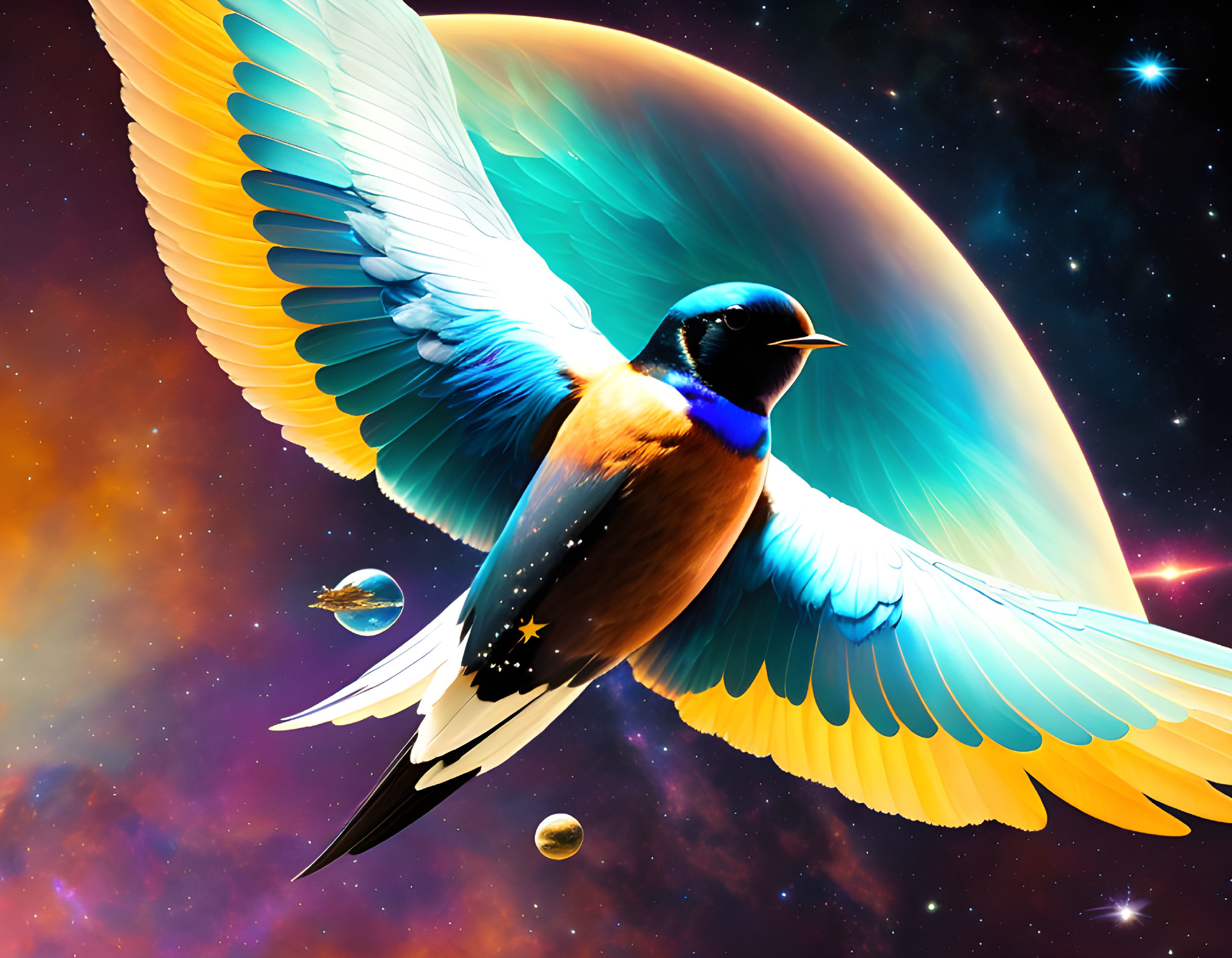 Colorful bird flying in cosmic space with stars, planets, and ringed planet.