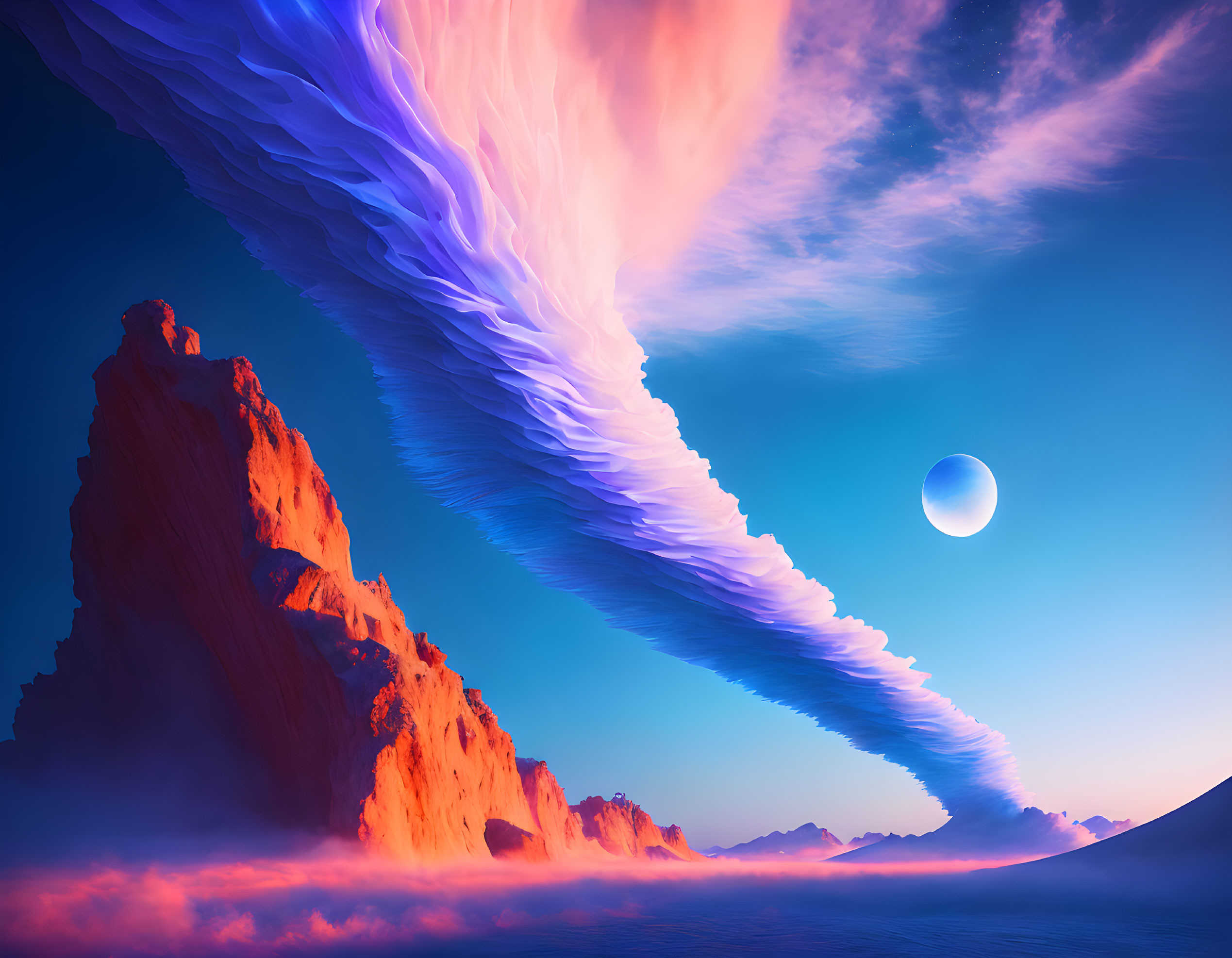 Surreal landscape with twisted cloud formation and purple sky