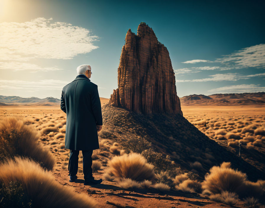 Man in coat gazes at towering rock formation in desert landscape