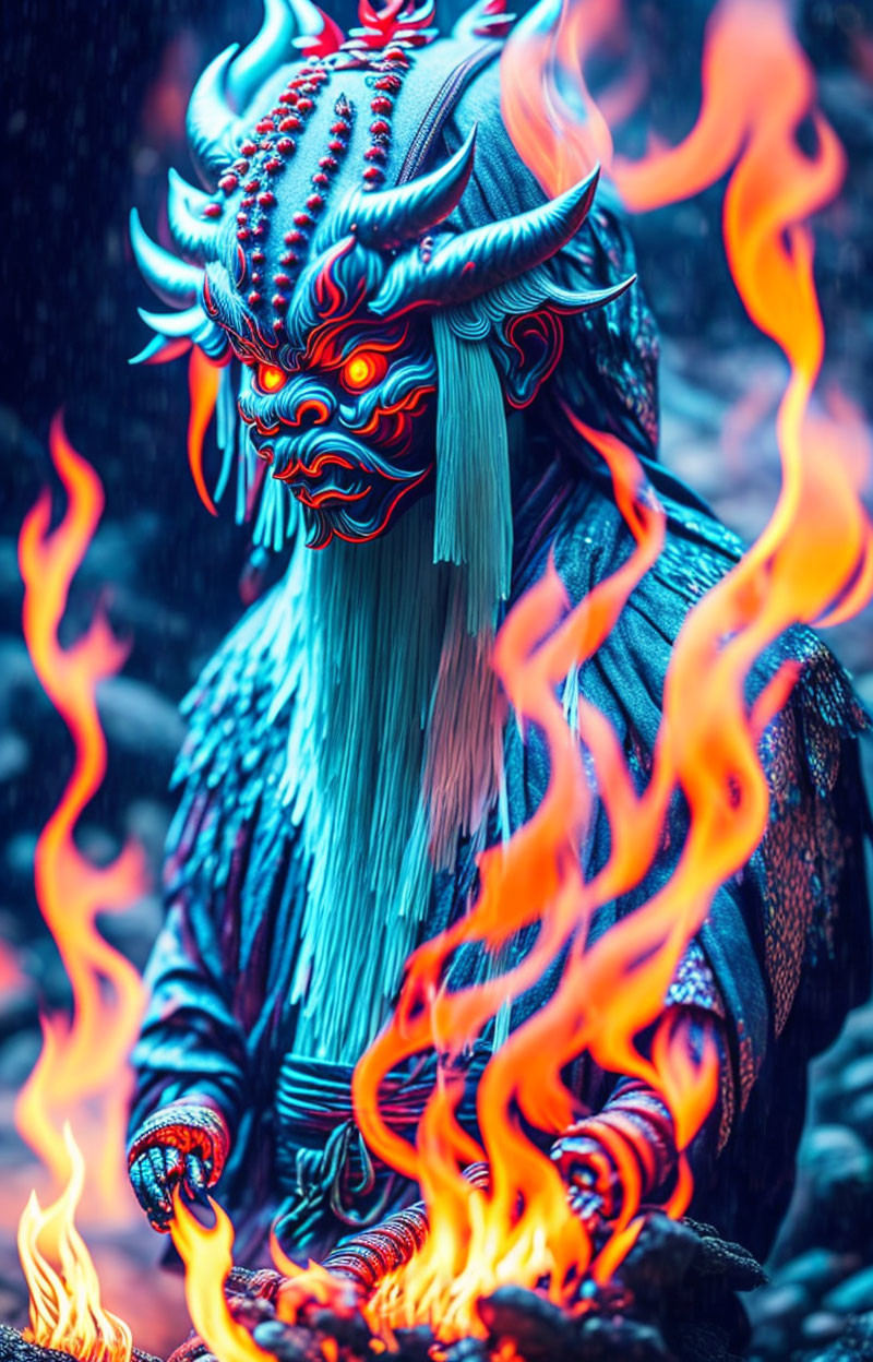 Traditional Japanese demon mask in vibrant colors with sharp features engulfed in flames on dark background