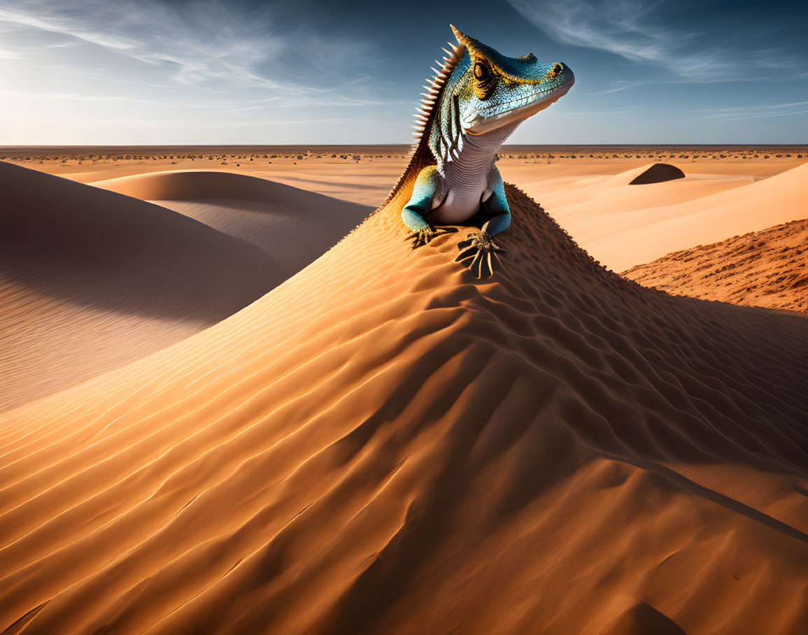 Blue and Orange Dragon Perched on Sand Dune in Desert Scene