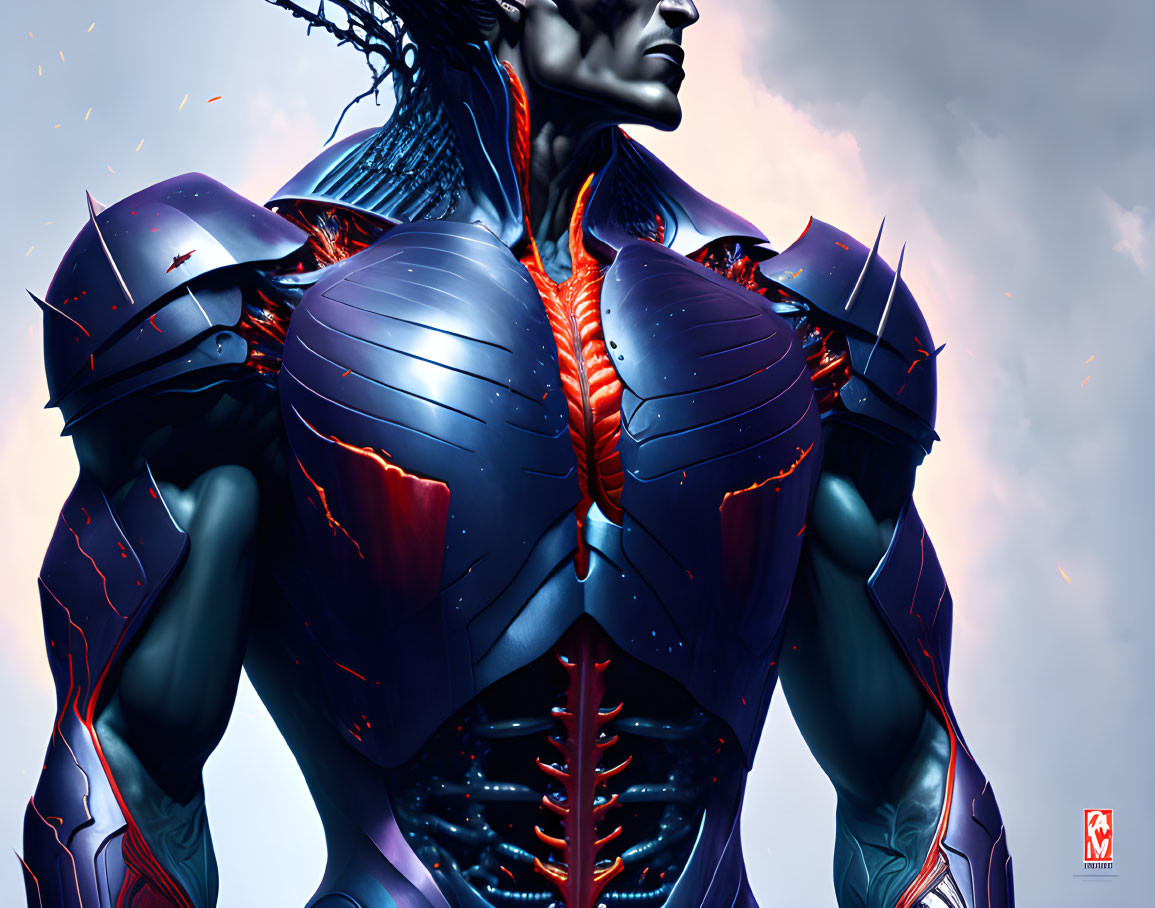 Detailed Illustration: Muscular, Armored Figure in Futuristic Blue Armor with Red Glowing Se