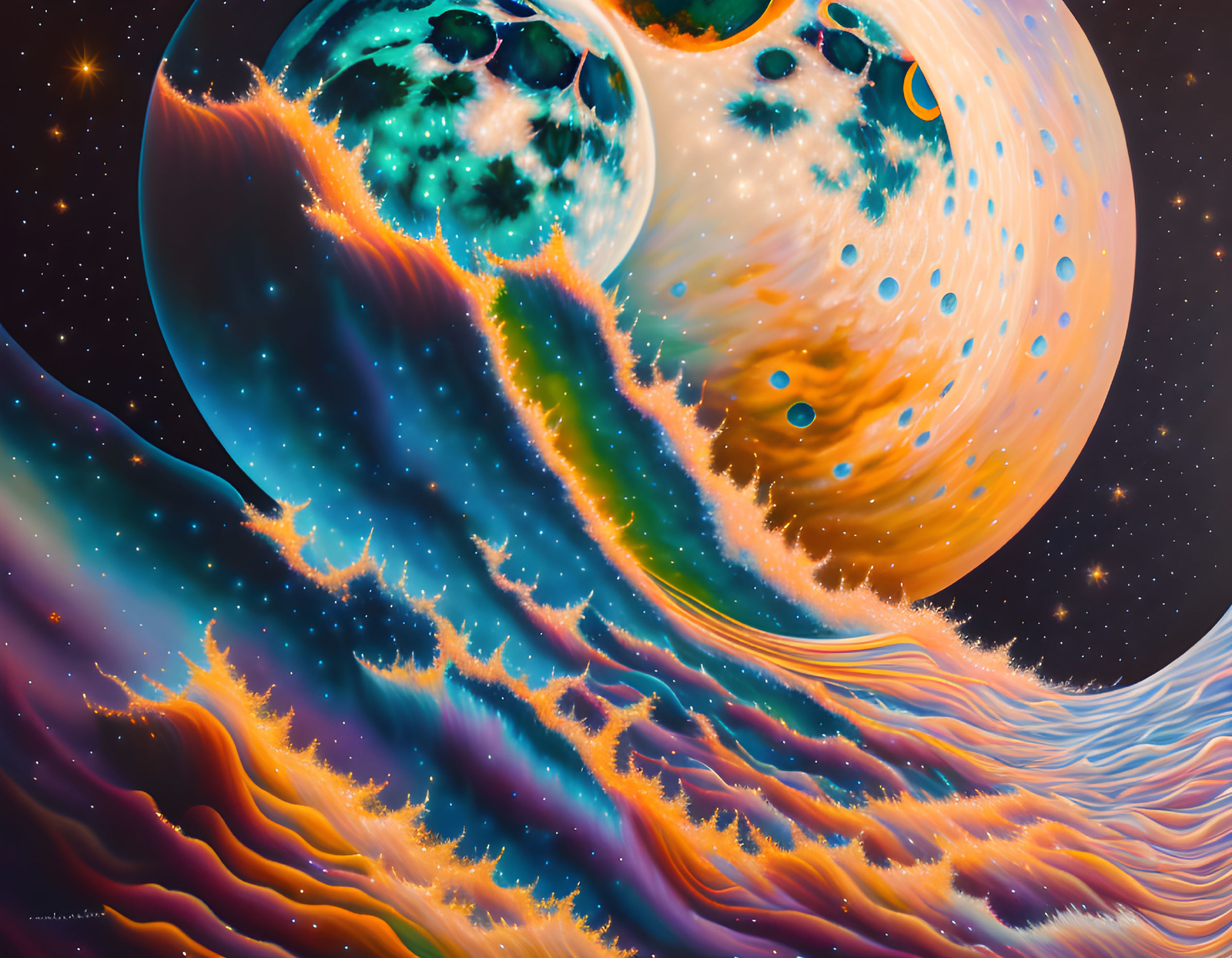 Colorful Cosmic Painting with Nebula Waves, Planet, and Moon